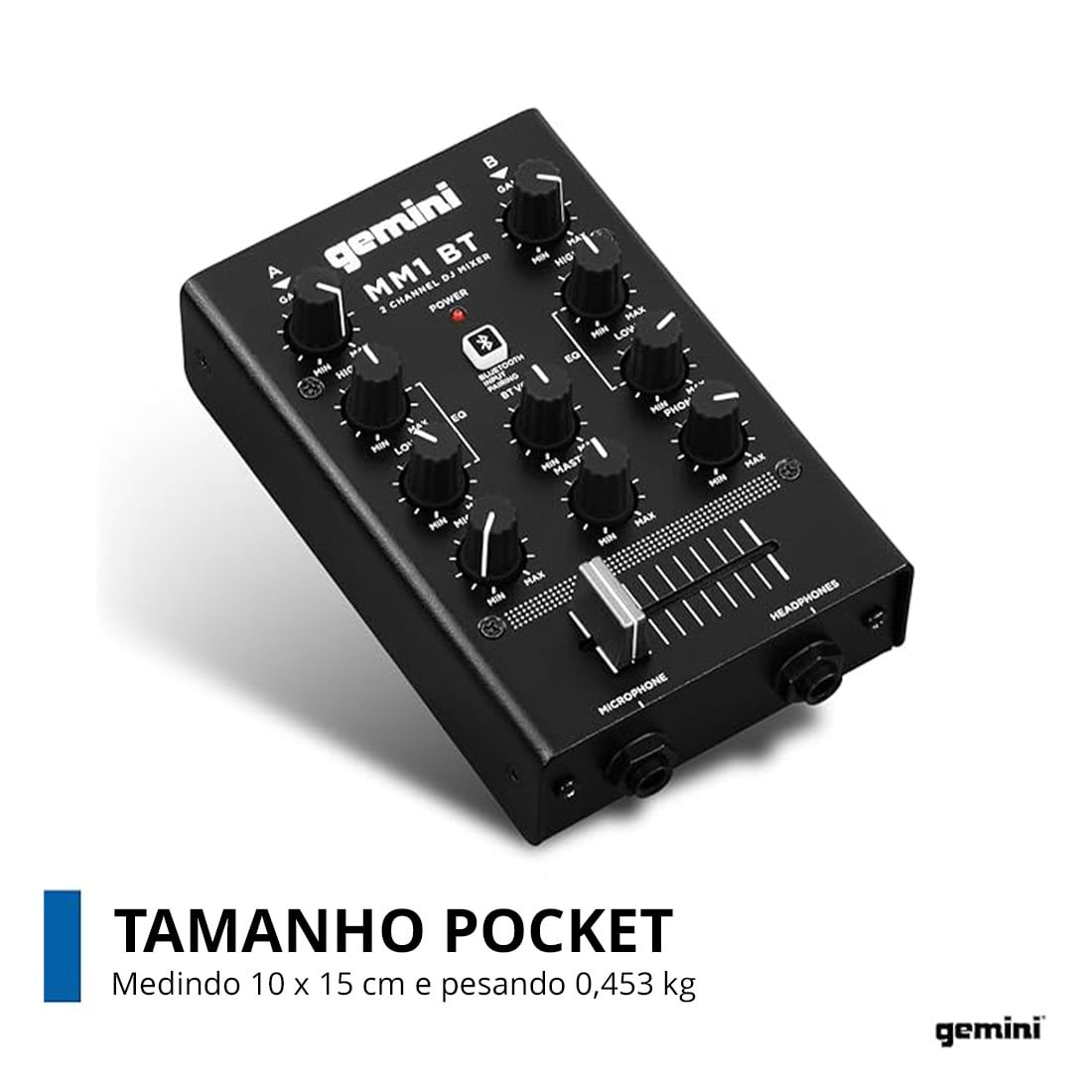 Mixer DJ analógico Bluetooth Gemini MM1BT é um aparelho